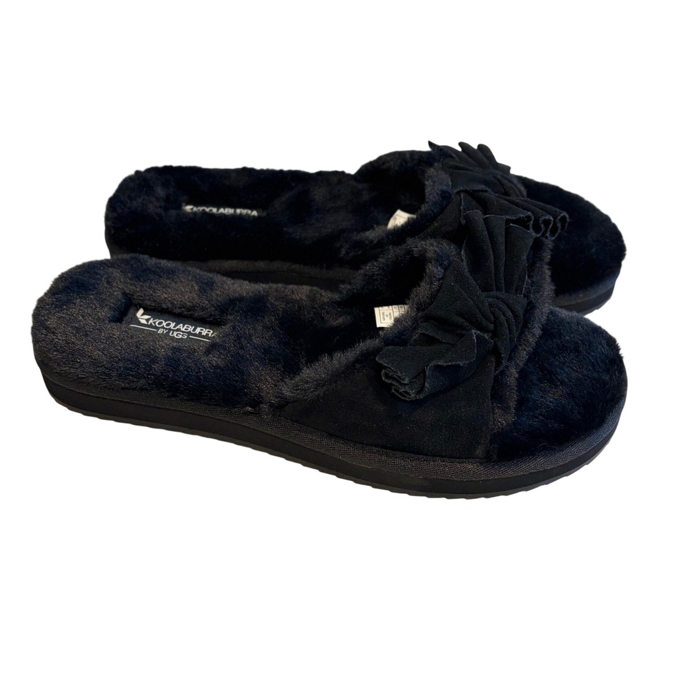 Koolaburra by UGG Womens Black Faux Fur Bow Slide Slippers 1116248 Size 9